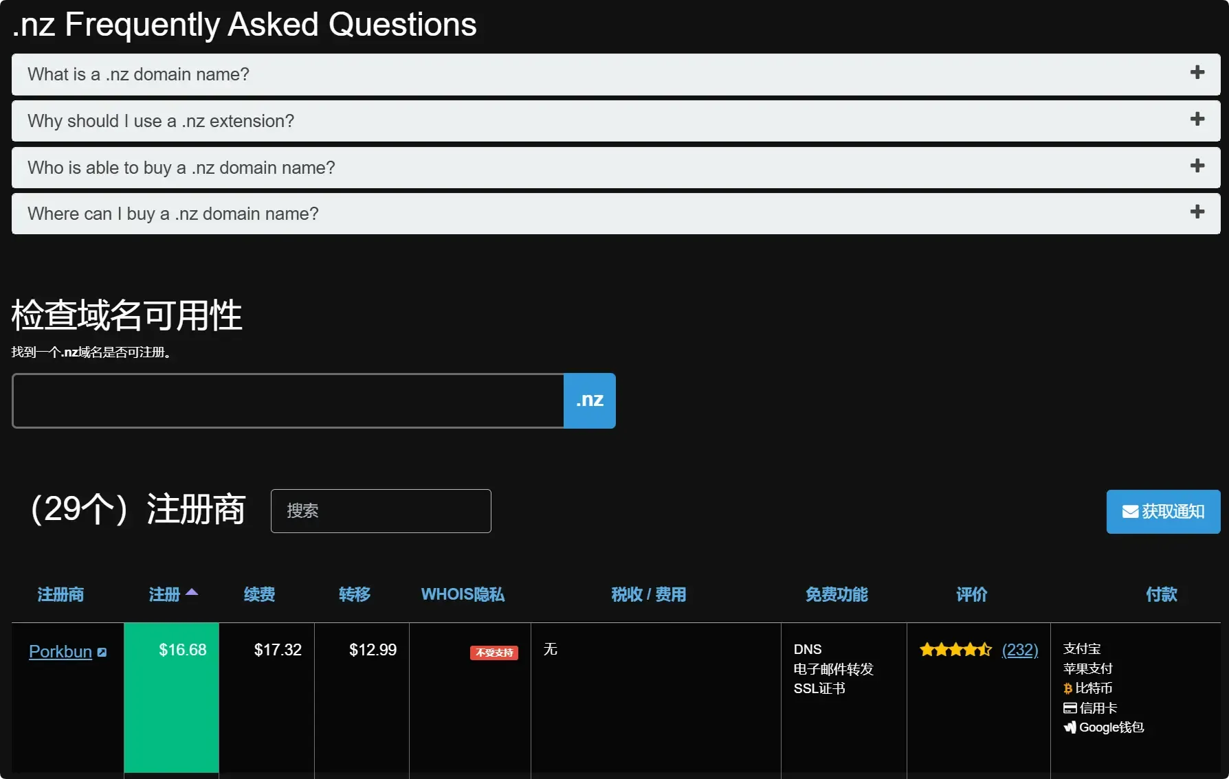 TLD-List 显示 Porkbun 注册 .nz 域名价格最低
